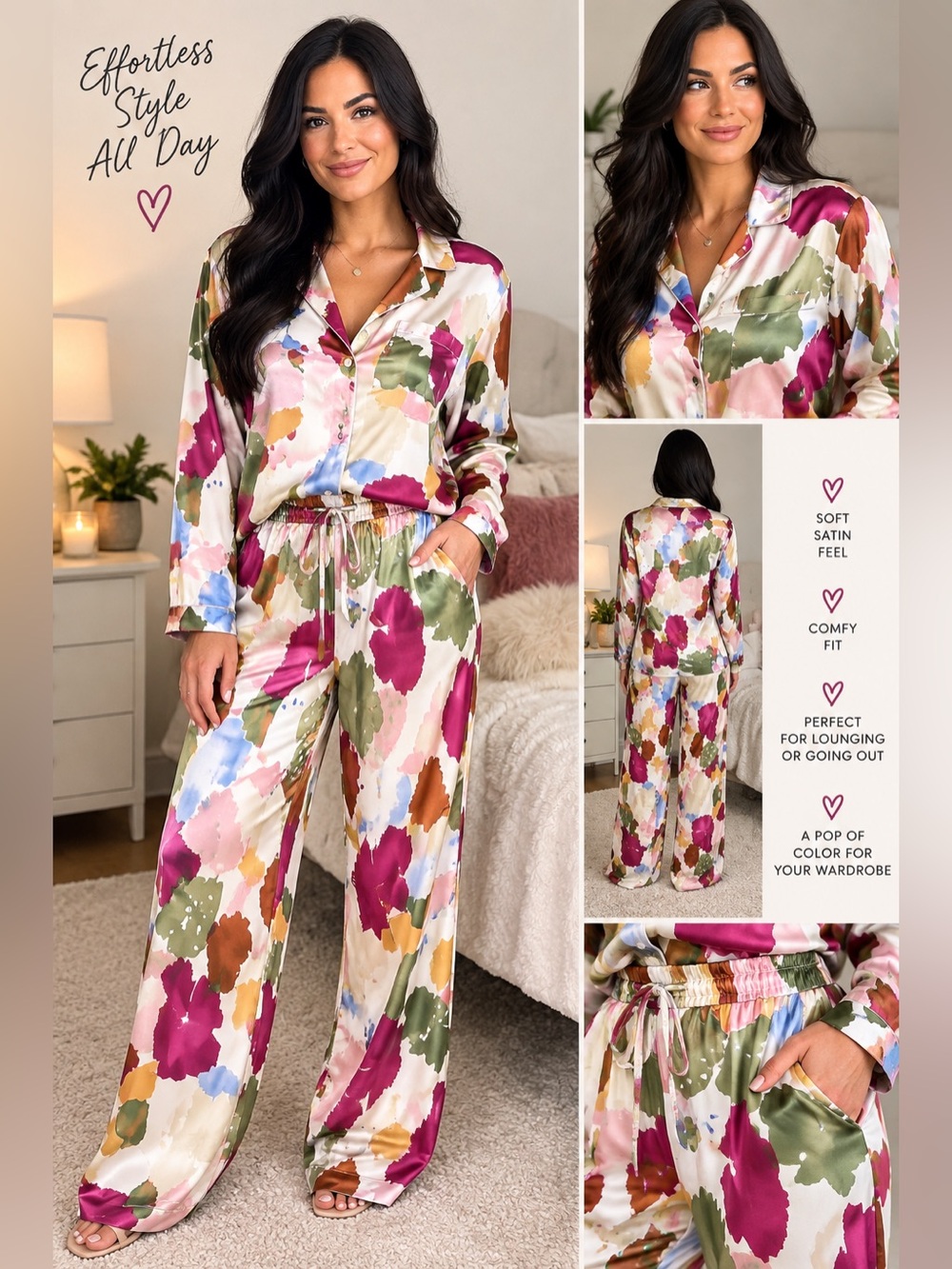 Satin Floral Print Pajama Set - Multicolor